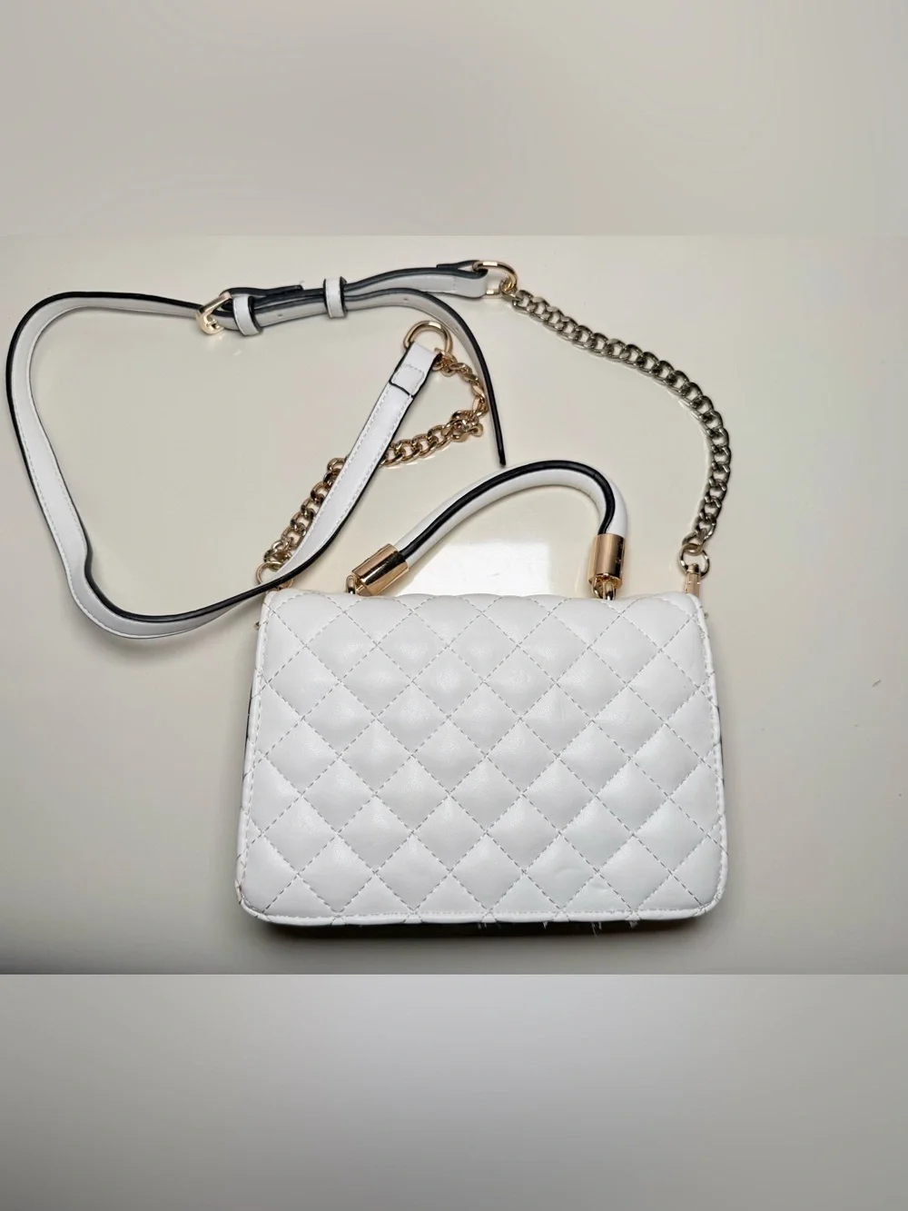 GUESS White Quilted Crossbody with Gold Chain Accents